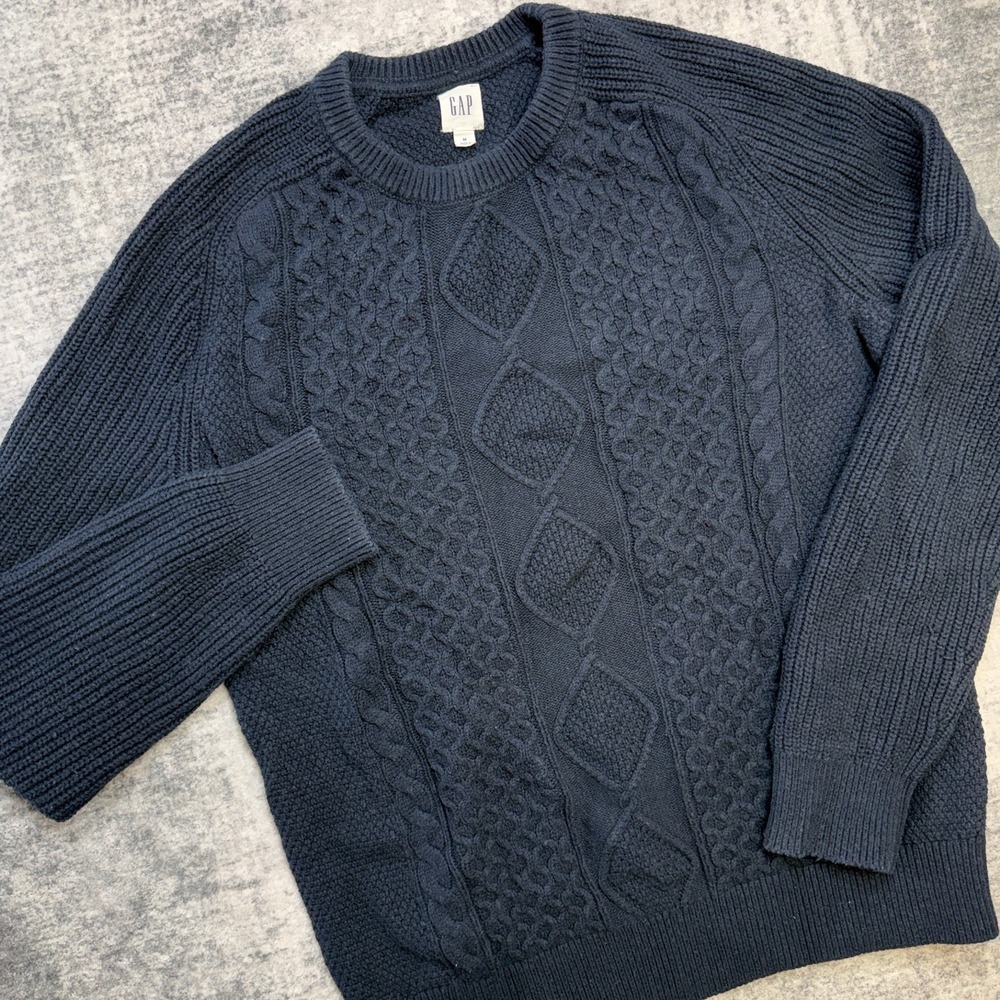 GAP Sweater Mens Medium Ink Blue Cable Knit Crewneck Fisherman Jumper Fall